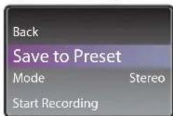 Back Save to Preset Mode Stereo Start Recording
