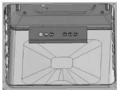 Technical line drawing of a device casing with internal components and mounting points (no text or symbols)