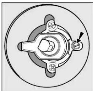Mechanical component diagram showing a central hub with four surrounding parts and a pointer indicating rotation (no text or symbols)