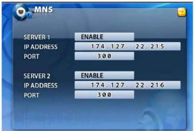 MNS SERVER 1 ENABLE IP ADDRESS 174.127.22.215 PORT 300 SERVER 2 ENABLE IP ADDRESS 174.127.22.216 PORT 300