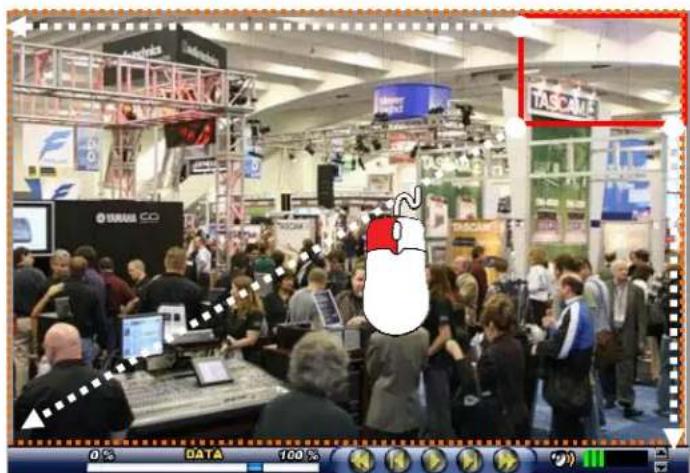 Crowded tech expo scene with visible brand signage including TASCALL and a computer mouse graphic overlay