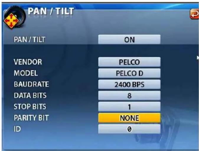PAN / TILT PAN / TILT ON VENDOR PELCO MODEL PELCO D BAUDRATE 2400 BPS DATA BITS 8 STOP BITS 1 PARITY BIT NONE ID 0