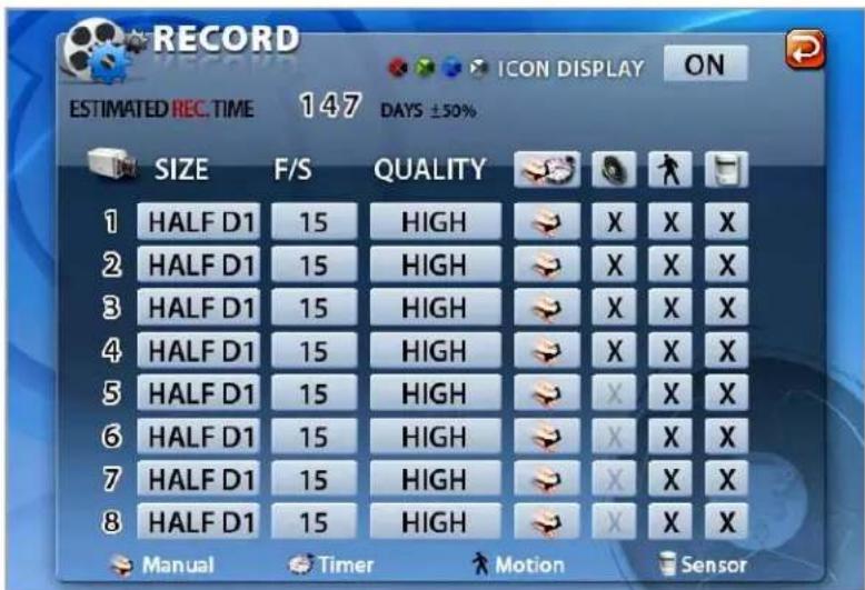 RECORD ICON DISPLAY ON ESTIMATED REC. TIME 147 DAYS ±50% SIZE F/S QUALITY 1 HALF D1 15 HIGH X X X 2 HALF D1 15 HIGH X X X 3 HALF D1 15 HIGH X X X 4 HALF D1 15 HIGH X X X 5 HALF D1 15 HIGH X X X 6 HALF D1 15 HIGH X X X 7 HALF D1 15 HIGH X X X 8 HALF D1 15 HIGH X X X Manual Timer Motion Sensor