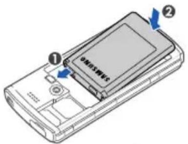 Diagram of a mobile phone showing labeled components with arrows indicating parts of the screen and battery