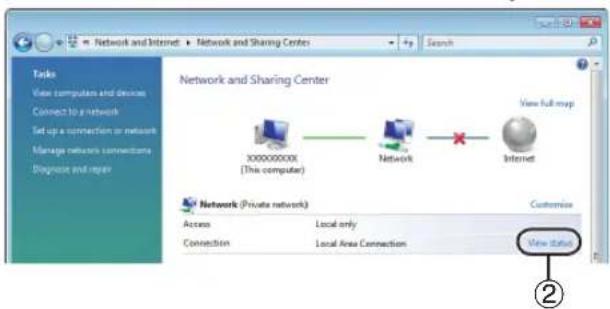 Network and Sharing Center Network and Sharing Center 30000000X (This computer) Network View full map Internet Network (Private network) Access Local only Connection Local Area Connection View status ②