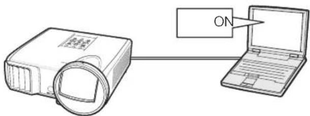 Diagram showing a projector connected to a laptop via a cable labeled 'ON' with an arrow pointing to the laptop.