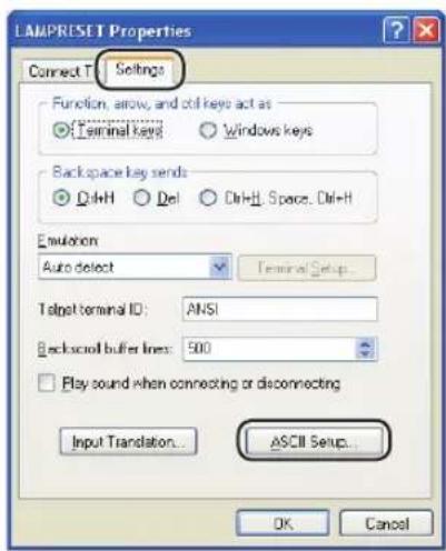 LAMPRESET Properties Connect T Settings Function, arrow, and ctrl keys act as Terminal keys Windows keys Backspace key sends Ctrl+H Del Ctrl+H Space, Ctrl+H Evolution Auto select Terminal Setup Target terminal ID: ANSI Backscroll buffer lines: 500 Play sound when connecting or disconnecting Input Translation... ASCII Setup... OK Cancel