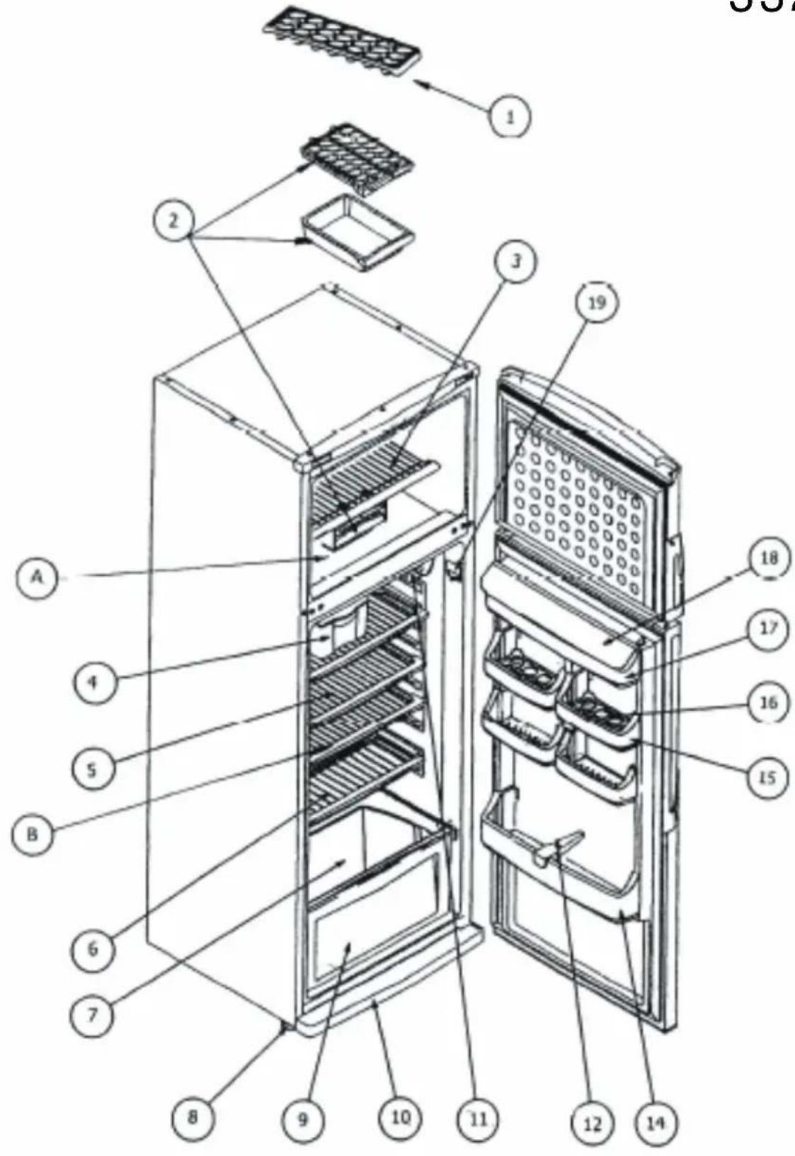 Exploded view diagram of a refrigerator with numbered parts for identification