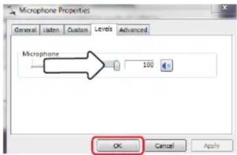 Microphone Properties General Listen Custom Levels Advanced Microphone 100 OK Cancel Apply