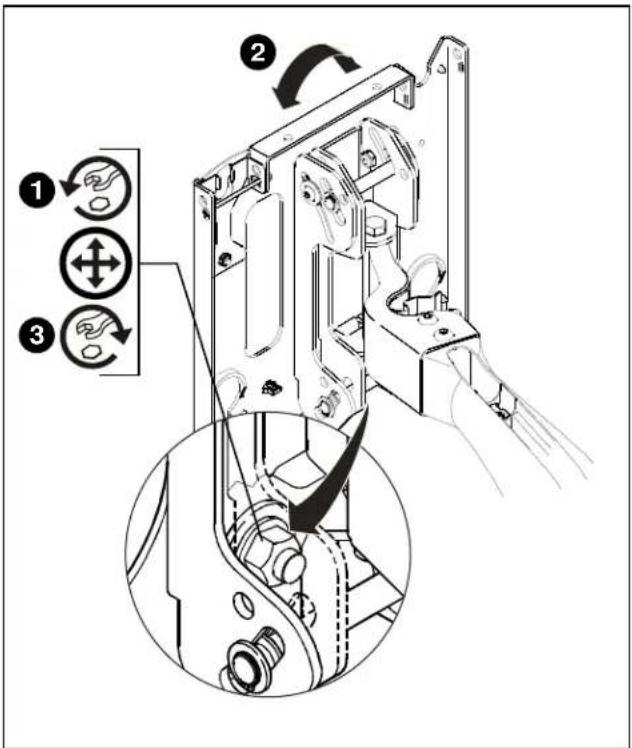 Technical diagram showing mechanical assembly steps with numbered instructions and directional arrows indicating rotation or movement.