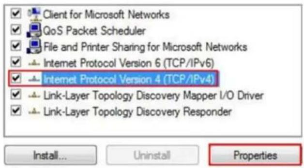 Client for Microsoft Networks QoS Packet Scheduler File and Printer Sharing for Microsoft Networks Internet Protocol Version 6 (TCP/IPv6) Internet Protocol Version 4 (TCP/IPv4) Link-Layer Topology Discovery Mapper I/O Driver Link-Layer Topology Discovery Responder Install... Uninstall Properties