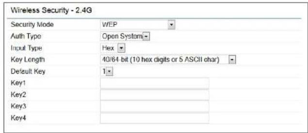 Wireless Security - 2.4G Security Mode WEP Auth Type Open System Input Type Hex Key Length 40/64-bit (10 hex digits or 5 ASCII char) Default Key 1 Key1 Key2 Key3 Key4
