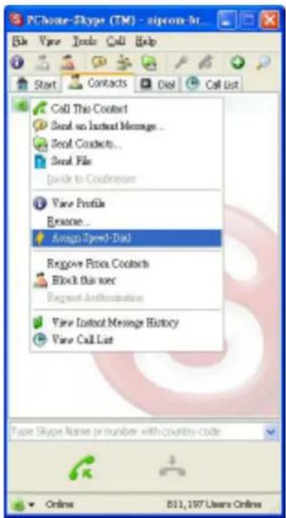 P:\Chrome-Skype (TM) - zipcom-br File View Tools Call Help Start Contacts Dial Call List Call This Context Send us Intract Messages... Send Conducts... Send File [guide to Condensate] View Profile Remove... Angio Speed-Dial Remove Price Contacts Block this word Regmt Authentication View Instant Message History View Call List Type Skype Name or number with-country-code 811, 197 Users Online