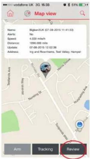vodafone UK 3G 15:33 Map view Name: Bigban3UK (07-08-2015 11:41:33) Alerts: No Speed: 4.039 mile/h Distance: 1896.098 mile Update: 07-08-2015 12:02:38 Address: ing and Rownhams, Test Valley, Hampal Arm Tracking Review