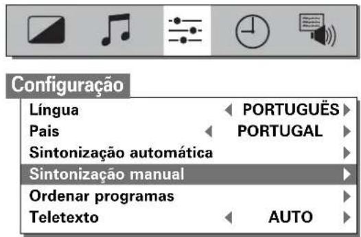Configuraçao Língua Pais Sintonização automática Sintonização manual Ordenar programas Teletexto PORTUGUÉS PORTUGAL AUTO