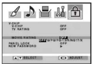 V-CHIP V-CHIP TV RATING OFF OFF MOVIE RATING PANEL LOCK NEW PASSWORD OFF/PG/PG/TIRING17/X OFF ▶ ▼ SELECT ▶ ADJUST
