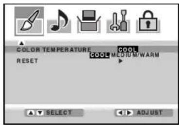 COLOR TEMPERATURE COOL RESET COOL MEDIUM/WARM SELECT ADJUST