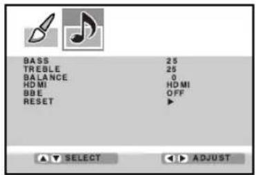 BASS 25 TREBLE 25 BALANCE 0 HDMI HDMI BBE OFF RESET ▶ ▼ SELECT ▶ ADJUST