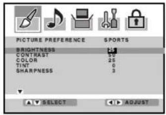 PICTURE PREFERENCE SPORTS BRIGHTNESS 1.1 CONTRAST 20 COLOR 25 TINT 6 SHARPNESS 3 ▼ SELECT ▶ ADJUST
