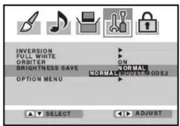 INVERSION FULL WHITE ORBITER BRIGHTNESS SAVE OPTION MENU NORMAL NORMAL MODE1/MODE2 SELECT ADJUST
