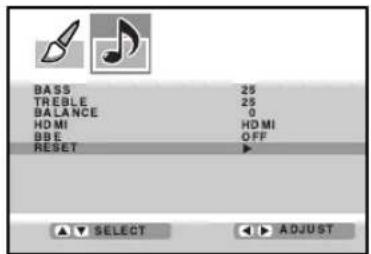 BASS 25 TREBLE 25 BALANCE 0 HDMI HDMI BBE OFF RESET ► SELECT ADJUST