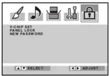 V-CHIP SET PANEL LOCK NEW PASSWORD SELECT ADJUST