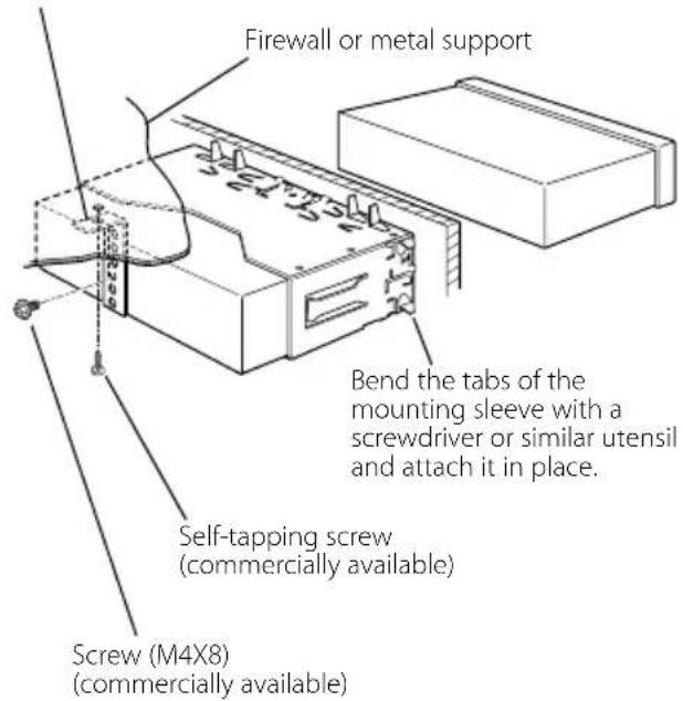 Firewall or metal support Bend the tabs of the mounting sleeve with a screwdriver or similar utensil and attach it in place. Self-tapping screw (commercially available) Screw (M4X8) (commercially available)