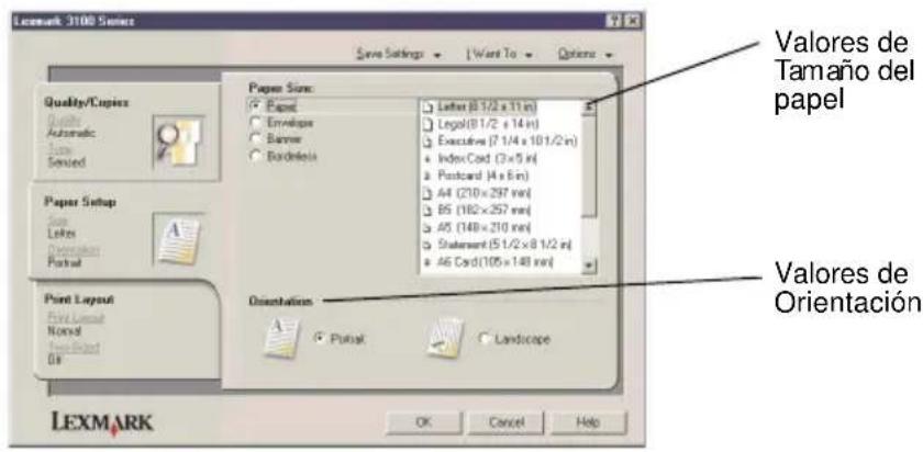 Lexmark 3100 Series Quality/Copies Quality Automatic Size Named Paper Size: □ Paper □ Envelope □ Banner □ Burdiness Paper Setup Size Lores Orientation Portrait Point Layout Point Layout None! New Edition DS Orientation □ Pattern ○ Landscape OK Cancel Help Valores de Tamaño del papel Valores de Orientación