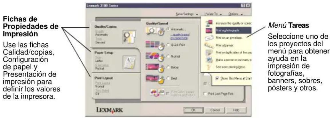 Fichas de Propiedades de impresión Use las fichas Calidad/copias, Configuración de papel y Presentación de impresión para definir los valores de la impresora. Quality/Copies Quality Automatic True Sensal Paper Setup Size Latte Stablemo Porto Print Layout Print Local Normal Non-Sided Off Quality/Speed Automatic... ...qualif,jeared on post type Quick Print Normal Better Best Print Color Image Print On an envelope. Print a banner. Print on light sides of the page Make a poster or put many p Set more printing ideas. Show This Menu at Start Print Look Page First. OK Cancel Help Menú Tareas Seleccione uno de los proyectos del menú para obtener ayuda en la impresión de fotografías, banners, sobres, pósters y otros.
