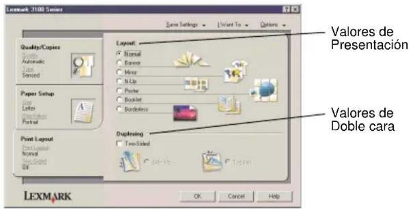 Lexmark 3100 Series Quality/Copies Automatic Text Named Paper Setup Letter Documentation Portrait Print Layout Print Layout Normal Two-Sided DS Layout: Normal Banner Mirror N-Up Poster Booklet Borderless Duplexing Two-Sided Options Valores de Presentación Valores de Doble cara OK Cancel Help