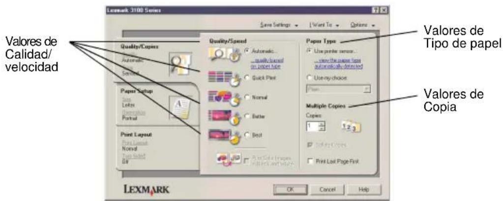 Lexmark 3100 Series Save Settings I Want To Options Valores de Calidad/velocidad Quality/Copies Automatic Standard Paper Setup Size Letter Representation Portrait Print Layout Print Layout Normal Print Select File Quality/Speed Automatic... ...quality/speed on paper type Quick Print Normal Better Best Multiple Copies Copies 1 2,3 Use printer sensor... ...over the paper type automatically detected Use my choice None Valores de Tipo de papel Valores de Copia Print Lost Page First OK Cancel Help LEXMARK