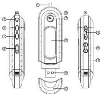 Technical diagram of a mechanical device with numbered components and cross-sectional views