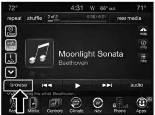 72° 4:31 W 66° out. 71° repeat shuffle 2 cf 2 0:36 / 6:21 rear media disp USB Aux Moonlight Sonata Beethoven map info trks browse audio Radio Media Controls Climate Nav Phone Apps