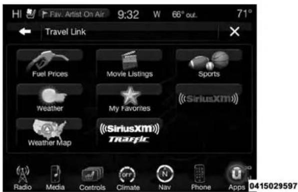 Fav. Artist On Air 9:32 W 66° out 71° Travel Link Fuel Prices Movie Listings Sports Weather My Favorites ((SiriusXM)) Weather Map ((SiriusXM) Traffic Radio Media Controls Climate Nav Phone Apps 0415029597