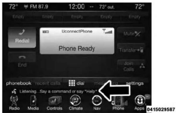 72° FM 87.9 12:00 -- 73° out. 72° Empty Empty Empty Empty Empty Redial UconnectPhone Mute Phone Ready Transfer → End Join Calls phonebook recent calls dial mesed that settings Listening...Say a command or say "Help" Radio Media Controls Climate Nav Phone Apps 0415029587