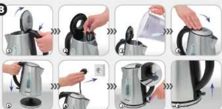 Step-by-step photo showing a hand pouring liquid into a kettle, with numbered instructions for each step.