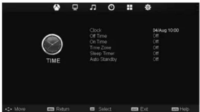 Clock 04/Aug 10:00 Off Time Off On Time Off Time Zone Off Sleep Timer Off Auto Standby Off TIME