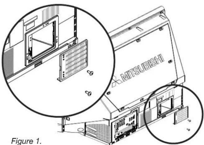 Technical illustration of a Mitsubishi solar panel assembly with close-up insets showing internal components (no text or symbols)