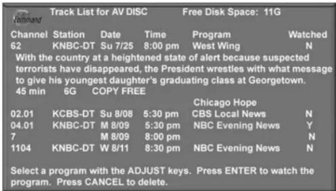 Track List for AV DISC Free Disk Space: 11G Channel Station Date Time Program Watched 62 KNBC-DT Su 7/25 8:00 pm West Wing N With the country at a heightened state of alert because suspected terrorists have disappeared, the President wrestles with what message to give his youngest daughter's graduat…