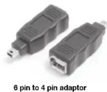 Two black USB connectors with ports, labeled '6 pin to 4 pin adaptor' below (no other text or symbols)