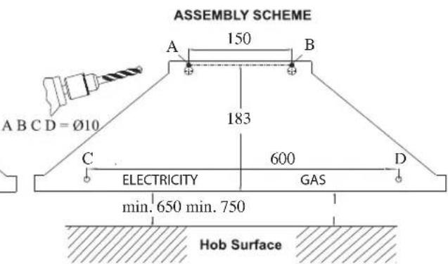 ASSEMBLY SCHEME A 150 B A B C D = Ø10 183 C ELECTRICITY 600 D GAS min. 650 min. 750 Hob Surface