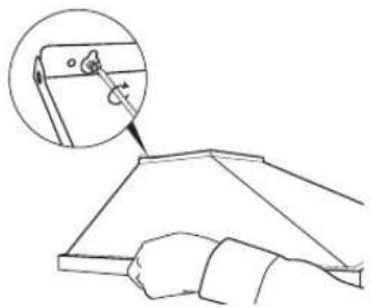 Line drawing of a hand holding a chair with a magnified inset showing the handle (no text or symbols)