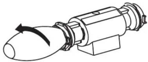 Technical line drawing of a mechanical component with an arrow indicating rotational motion (no text or symbols)