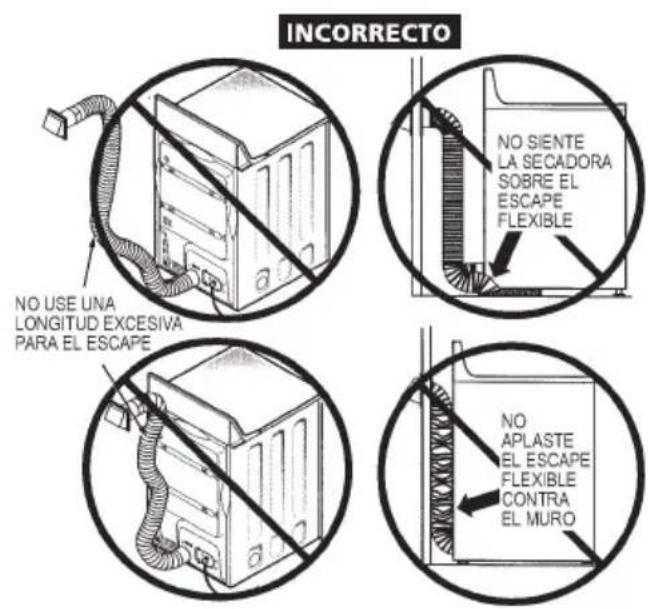 INCORRECTO NO USE UNA LONGITUD EXCESIVA PARA EL ESCAPE NO SIENTE LA SECADORA SOBRE EL ESCAPE FLEXIBLE NO APLASTE EL ESCAPE FLEXIBLE CONTRA EL MURO