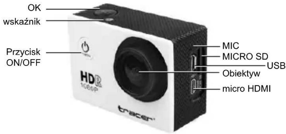 OK wskaźnik Przycisk ON/OFF MIC MICRO SD USB Obiektyw micro HDMI HDR 1080P tracer