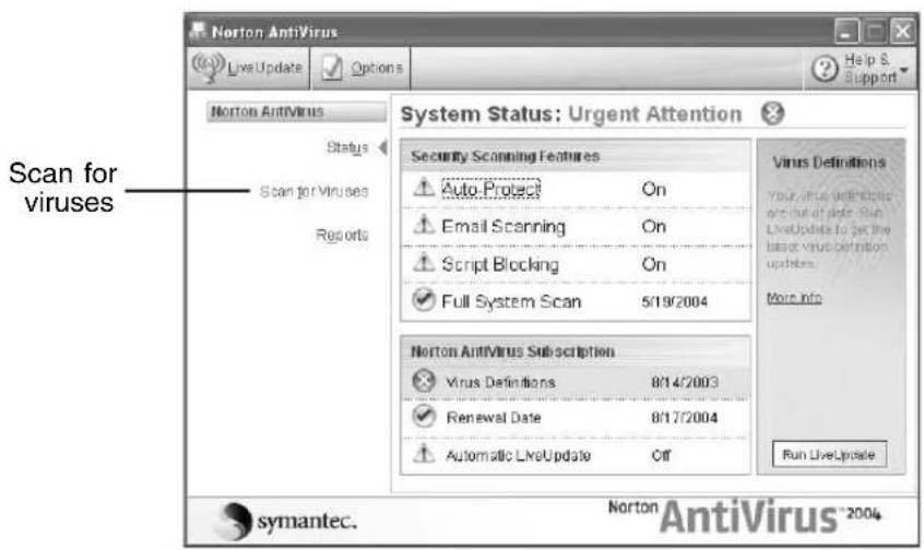 Norton AntiVirus Live Update Options Help & Support Norton AntiVirus Status Scan for Viruses Reports System Status: Urgent Attention Security Scanning Features Auto Protect On Email Scanning On Script Blocking On Full System Scan 5/19/2004 Norton AntiVirus Subscription Virus Definitions 8/14/2003 Renewal Date 8/17/2004 Automatic LiveUpdate Off Virus Definitions by default date. Run LiveUpdate to get the latest virus definition updates. More info Run LiveUpdate symantec. Norton AntiVirus® 2004