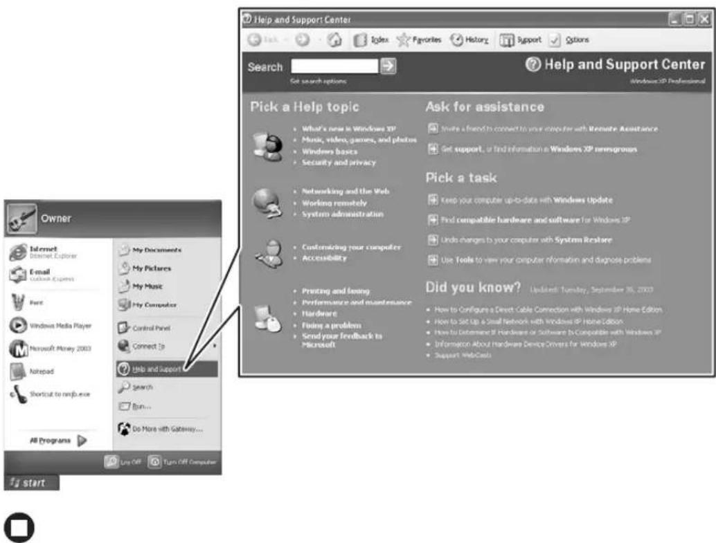 Help and Support Center Get search options Help and Support Center Windows XP Professional Pick a Help topic • What's new in Windows XP • Music, video, games, and photos • Windows bases • Security and privacy • Networking and the Web • Working remotely • System administration • Customizing your computer • Accessibility • Printing and timing • Performance and maintenance • Hardware • Fixing a problem • Send your feedback to • Microsoft Ask for assistance • Invise a friend to connect to your computer with Remote Assistance • Get support, or find information in Windows XP retrograms Pick a task • Keep your computer up-to-date with Windows Update • Find compatible hardware and software for Windows XP • Links mergers to your computer with System Restore • Use Tools to view your computer information and diagnose problems Did you know? • Updated: Turnday, September 30, 2003 • How to Configure a Direct Cable Connection with Windows XP Home Edition • How to set Up a Small Network with Windows XP Home Edition • How to determine IP Hardware or Software to Compatible with Windows XP • Information About hardware Device Drivers for Windows XP • Support Web/Casls Add to Internet Explorer Enter Outlook Express Port Windows Media Player Microsoft Money 2003 Notepad Shortcut to newb.exe All Programs Help and support All Programs Use Off Turn Off Computer Start