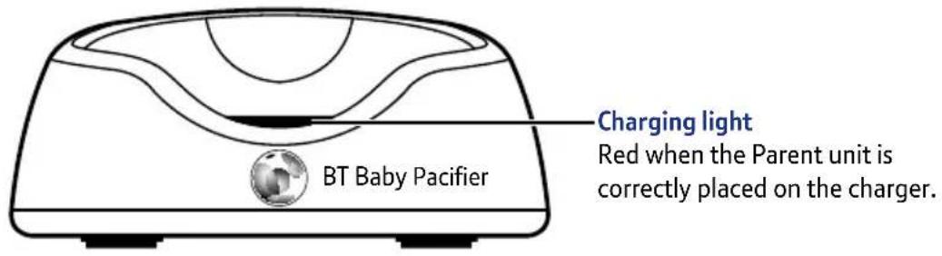 BT Baby Pacifier Charging light Red when the Parent unit is correctly placed on the charger.