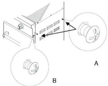 Technical diagram showing mechanical assembly with labeled components A and B, including dimension lines and component views.