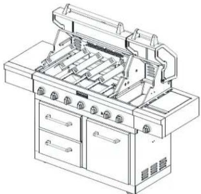 Line drawing of a gas stove with control panel and oven (no text or symbols)